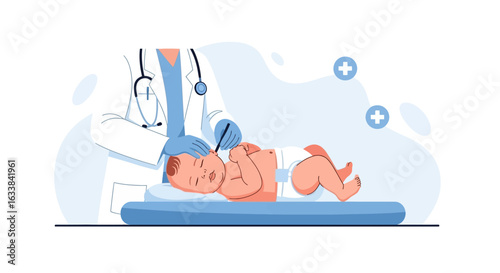 Doctor Examines Newborn In Pediatric Clinic During A Regular Medical Checkup