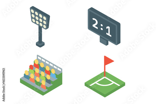 Isometric Stadium Icon Set – Sports Field Lighting, Digital Scoreboard, Spectator Grandstands, Corner Flag Marker, Flat Vector Illustration for Arena Event Broadcast, Football or Soccer Stadium Design