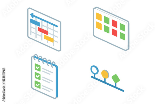 Project management isometric icon set. Gantt chart, Kanban board, checklist, timeline, planning, schedule, organization, productivity tools. Agile workflow symbols, team task management vector
