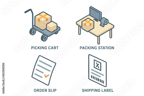 Isometric vector icons set for warehouse order fulfillment process, picking cart, packing station, order slip, shipping label, logistics, shipping, inventory management, business workflow