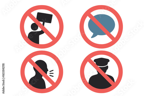 Protest Suppression Icons Set, Vector Illustration of Silenced Freedom, Banned Speech, Restricted Protest, Free Speech Suppression, No Demonstration, Human Rights Violation Concept