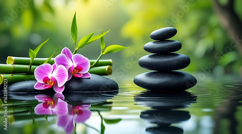 Spa still life with orchid stones bamboo and relaxing wellness elements on white background