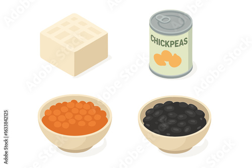 Plant-based protein sources isometric vector set. Tofu block, canned chickpeas, red lentil bowl, black bean bowl. Vegan vegetarian healthy food ingredients. Vegetarian dietary protein variety icons.