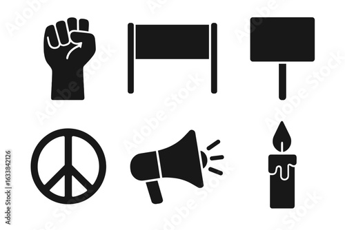 Solid protest icon set. Raised fist, banner, placard, megaphone, peace symbol, candle. Activism vector elements. Demonstration, rally, strike, social movement, protest icons black isolated