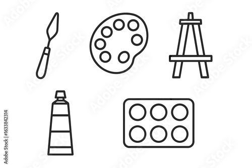 Outline Vector Icons Set of Painting Tools and Art Accessories. Artist Palette Knife, Paint Palette, Easel, Paint Tube, Mixing Tray. Creative Drawing Equipment for Art Studio or Classroom
