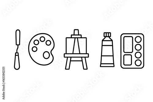 Art Supplies Line Icons Collection. Palette knife, painter palette, easel, paint tube, mixing tray. Outline style vector set of painting equipment, artist materials, creative workshop, fine art tools