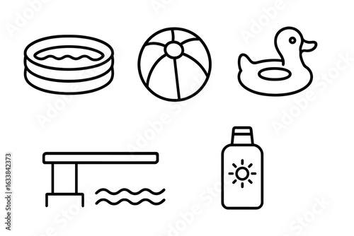 Pool party line icons set. Inflatable swimming pool, beach ball, duck float, diving board, sunscreen bottle. Summer outline vector illustration. Water fun, swim safety, outdoor recreation.