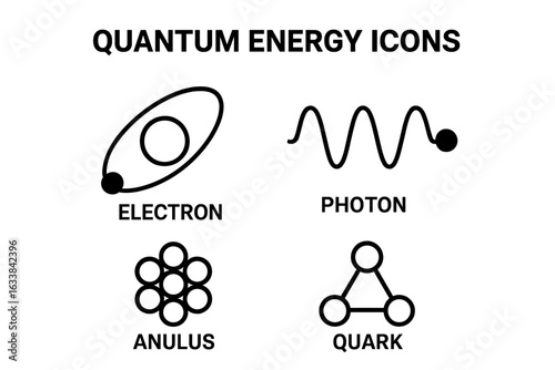 Quantum Energy Icons Set. Outline science vector collection of electron orbit, photon wave, atomic nucleus, quark particle. Subatomic physics symbols, quantum mechanics element, research illustration.