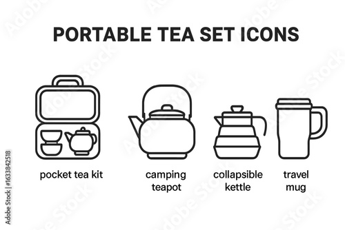 Portable tea set icons collection. Outline vector illustration set with pocket tea kit, camping teapot, collapsible kettle, travel mug. Minimalist line art clipart, beverage equipment concept.