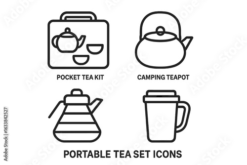 Portable tea set icons vector. Outline travel tea kit, camping teapot, collapsible kettle, insulated mug. Minimalist black line drinkware symbols. Modern outdoor beverage equipment illustration.