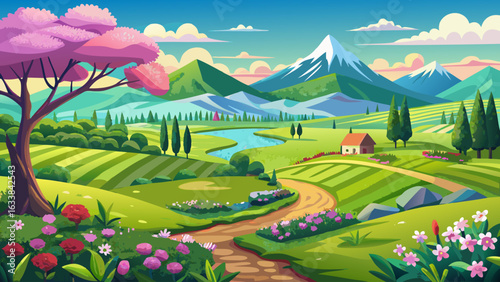 very beautiful panorama spring green field