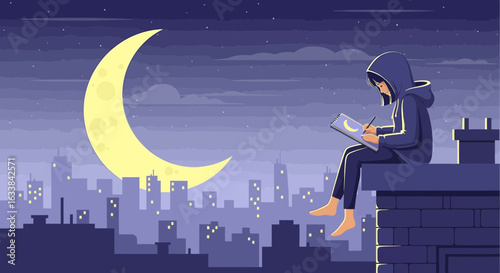 Creative Night: Girl In Hoodie Drawing Moon On Building Roof At Night