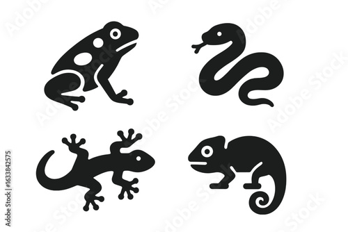 Rainforest Reptile and Amphibian Animal Icons Set. Solid Black Silhouette Vector Illustrations of Poison Dart Frog, Boa Snake, Gecko Lizard, Chameleon Isolated on Transparent Background