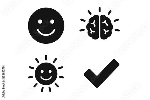 Positive Mindset and Mental Health Icons Set – Solid Vector Illustrations of Smiling Face, Radiant Brain, Happy Sun, Motivational Checkmark, Confidence, Happiness, Wellbeing, Success