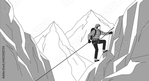 Climbing Adventure In High Peaks A Monochrome Illustration High Demand