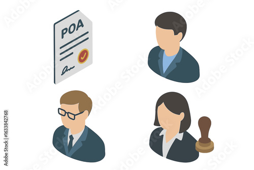 Power of Attorney Isometric Vector Icons Set. Legal Document POA Form Signature, Principal and Attorney-in-Fact Avatars, Notary Public, Business Law Authorization, Legal Agreement Concept Illustration