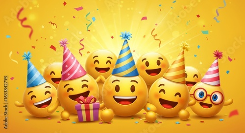 Celebrating Emojis Wearing Party Hats and Gift