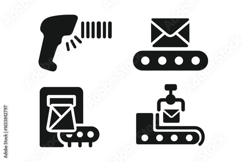 Post Office Automation Icons Set. Barcode Scanner, Automated Mail Sorting Machine, Conveyor System with Envelope, Modern Postal Service Process, Flat Solid Vector Illustration, Transparent Background