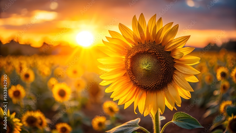 Obraz premium Vibrant Sunflower at Sunset: Golden Hour in a Sunlit Field of Blooms