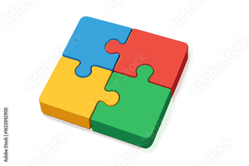 3D colorful puzzle pieces connection concept. Four interlocking elements. Teamwork, solution, synergy, cooperation, collaboration, creativity. Isolated vector illustration on white background