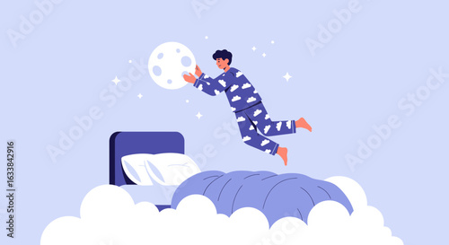 Dreaming Boy Reaching For The Moon Floating Above A Bed In The Sky