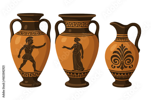 Ancient Greek amphora vases, realistic 3D illustration set. Classical pottery, black figure art. Mythology, vintage terracotta urns, historic ceramics, isolated on transparent background