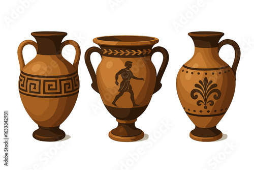 Ancient Greek Vases 3D Realistic Vector Illustration with Classical Patterns, Decorative Amphora, Krater, Urn, Antique Pottery, Traditional Hellenic Art, Isolated Transparent Background