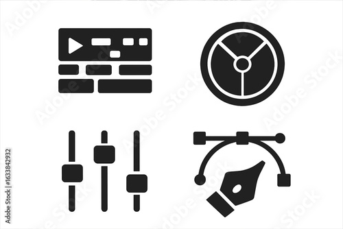 Solid Vector Icon Set of Post-Production Tools for Video Editing Timeline, Color Grading, Audio Mixer, Graphic Design Pen Tool. Black Filled UI Symbols. Modern Digital Media Production Elements