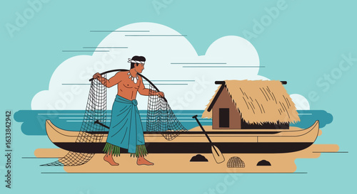 Coastal Fisherman Preparing His Net Near Traditional Polynesian Boat House