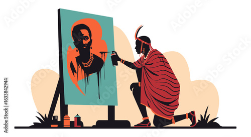 Creative Representation Of An African Maasai Warrior Creating Graffiti Art