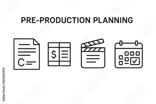 Pre-production planning icons set. Outline vector illustration of script document, budget spreadsheet, film clapperboard, shooting schedule, project management. Movie production, filmmaking concept.