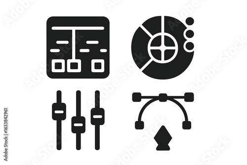 Post-production tools icon set. Solid filled vector icons of editing timeline, color grading, audio mixing, bezier curve, user interface, adjustment controls, digital workflow, transparent background
