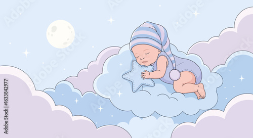 Dreaming Child Asleep With Star Pillow On A Cloud Under Moon