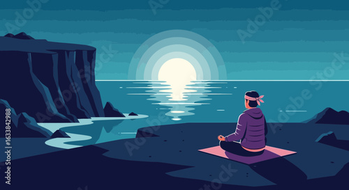 Coastal Serenity Practicing Meditation On The Cliffside At Sunrise For Wellness