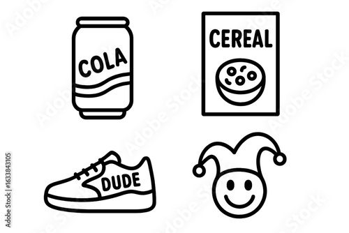 Product Parody Icons Set. Outline Vector Illustrations of Spoof Soda Can, Fake Cereal Box, Knockoff Sneaker, and Joke Jester Face. Humor, Satire, Imitation, Comical Branding Concepts