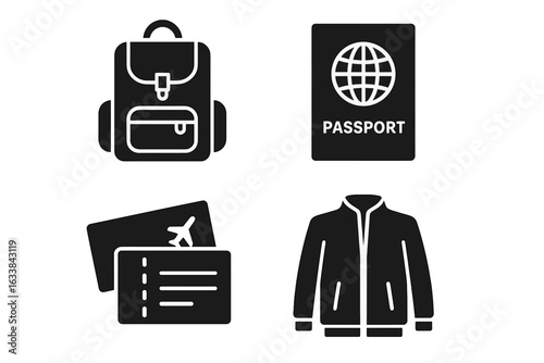 Essential Travel Preparation Icon Set. Solid Filled Icons of Backpack, Passport, Flight Ticket, Boarding Pass, Jacket. Pre-Departure Luggage Check, Airplane Document, Airport Ready Vector Illustration