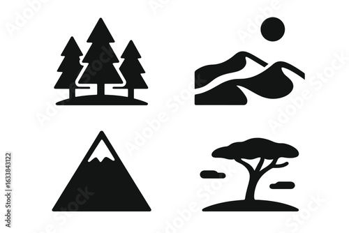 Predator habitat icons vector set. Solid filled silhouettes of dense pine forest, desert sand dunes with sun, snowy mountain peak, African savanna with acacia tree. Wild nature biomes illustration