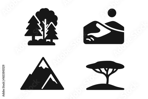 Predator Habitat Icons Set. Vector Illustration of Biome Environments: Dense Forest, Desert Dunes, Snowy Mountain, African Savanna. Solid Black Silhouette Symbol Collection for Wildlife and Nature
