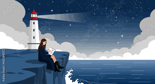 Creative Soul Seeks Inspiration Near Majestic Lighthouse At Night Under Starry Skies