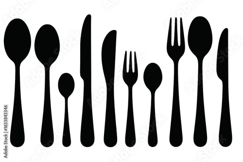 Cutlery utensil silhouettes vector set. Black spoon, fork, knife icons in assorted sizes. Dining tableware, silverware, kitchen utensils, modern flat shapes. Restaurant, cafe, seamless background.