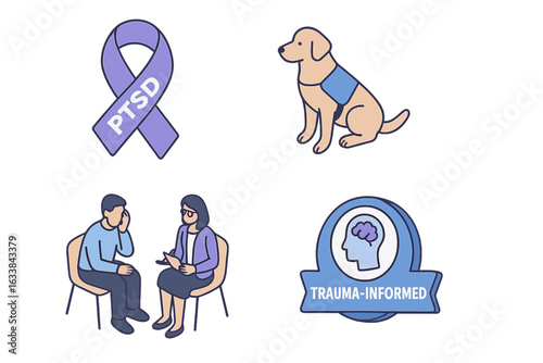 PTSD and Trauma Recovery Concept Icon Set. Purple PTSD Ribbon, Therapy Dog, Trauma-Informed Counseling Session, Mental Health Awareness. Support, Treatment, Isometric Flat Vector Illustration