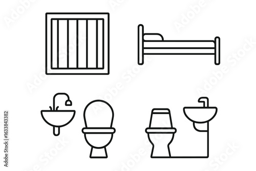 Prison Improvement Outline Icon Set. Jail Cell Barred Window, Simple Bed with Thin Mattress, Toilet, Sink, Basic Sanitary Facilities. Modern Minimalist Vector. Prison Living Conditions Concept