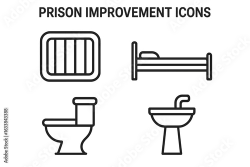Prison Improvement Icons Set, Outline Style, Barred Window, Thin Mattress Bed, Sanitary Conditions, Correctional Facility Upgrade, Jail Environment Vector Illustration