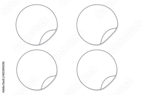 Blank circular stickers with peeling edges displayed on white background for creative design, branding, label mockup, round adhesive tags, vector cartoon illustration, transparent backdrop