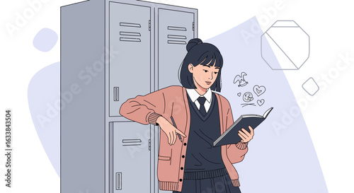 Creative Teenager Girl Dreaming About Animals in School Corridor