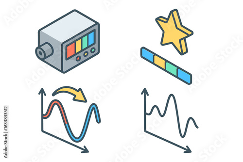Radial Velocity Flat Icon Set. Isometric Spectrograph Measurement, Star Doppler Shift, Spectrum Graphs. Astronomy Data Analysis, Astrophysics, Space Science, Observatory Concept Vector Illustration