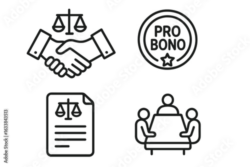 Pro bono legal services icon set. Outline vector icons of handshake with justice scales, pro bono badge, legal document, attorney meeting table. Law firm, free legal help, legal advice concept