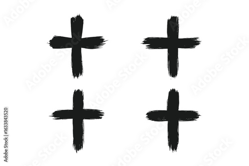 Hand painted black ink cross icons. Grunge brush stroke plus sign design set isolated on white. Abstract artistic cross symbols for interface, reject, cancel, mark, add, delete, web application