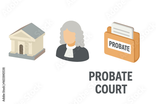 Probate court icons isometric vector set. Courthouse building judge avatar probate documents law legal process estate inheritance illustration. Estate settlement court procedure justice legal file