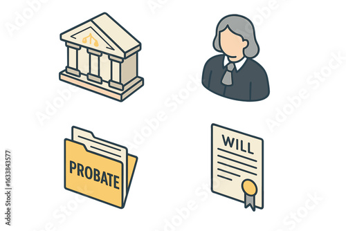 Probate court legal icons set. Isometric courthouse building, probate judge avatar, probate file folder, last will and testament document. Law, inheritance, estate planning vector illustration